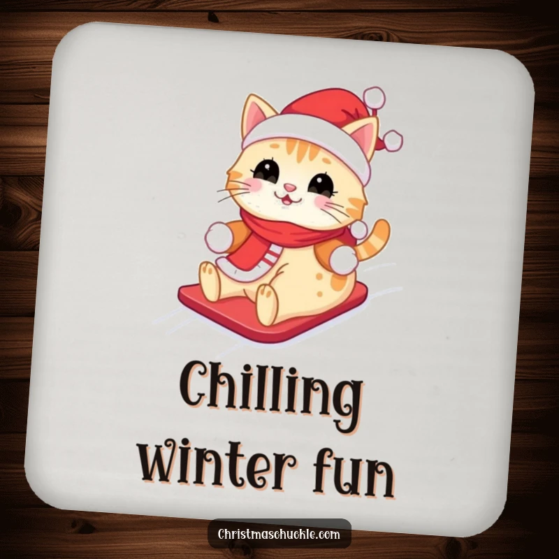Funny Kawaii Santa Cat Drink Coaster: A cute cat in a Santa outfit, happily sliding down a snowy hill, protects surfaces.