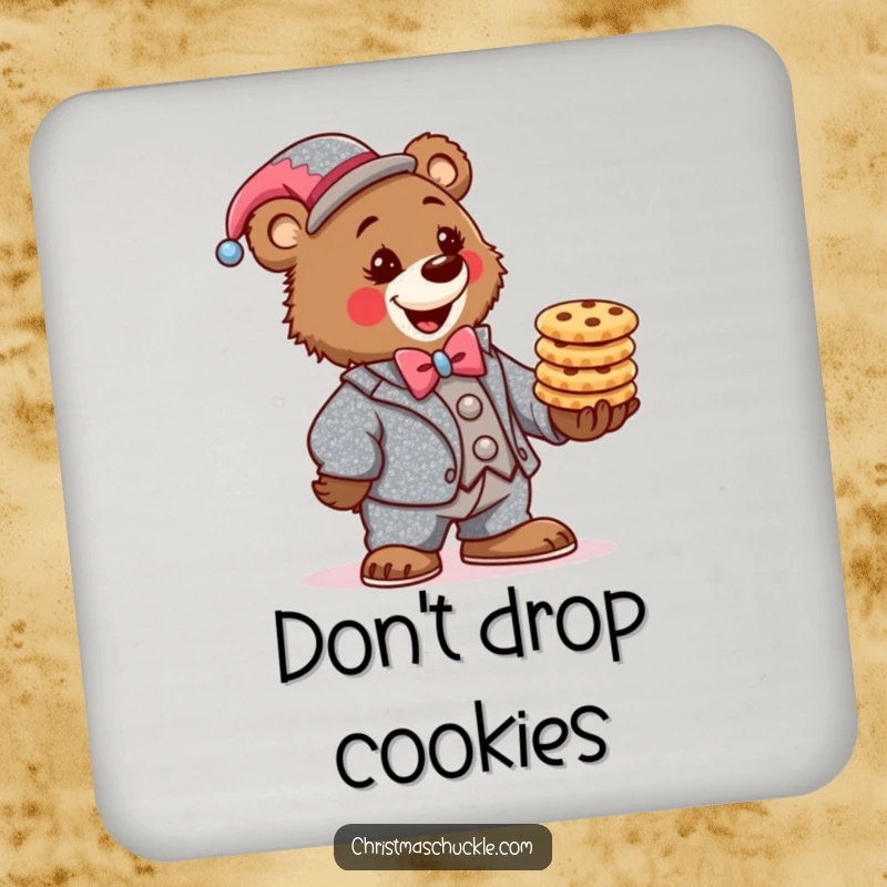 Funny bear clown coaster, wearing a sparkly suit, determinedly balancing a stack of festive cookies, a whimsical and protective surface saver.
