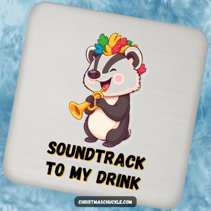 Funny badger with a clown wig playing a tiny trumpet, printed on a protective and funny drink coaster.