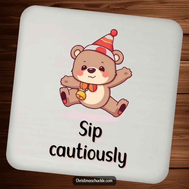 Funny bear coasters featuring a clumsy bear in festive clown gear, hilariously tripping, adding humor to any surface.