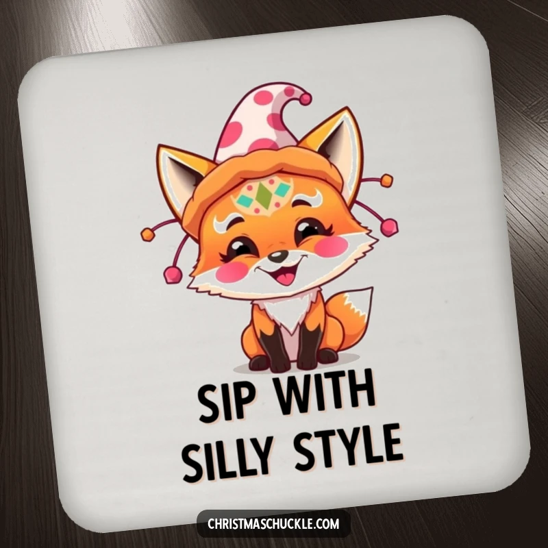 Funny fox wearing clown makeup and a massive festive hat, printed on a protective and funny drink coaster.