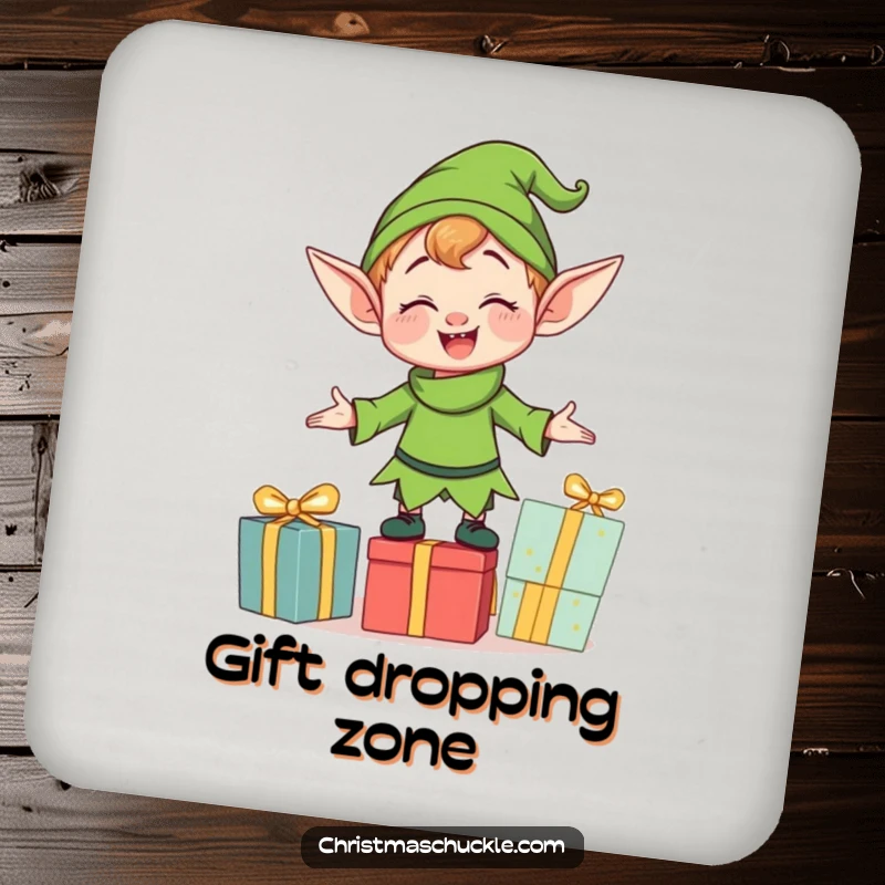 Funny clumsy elf character balancing gifts, printed on a protective drink coaster, adding a touch of holiday-inspired whimsical humor.