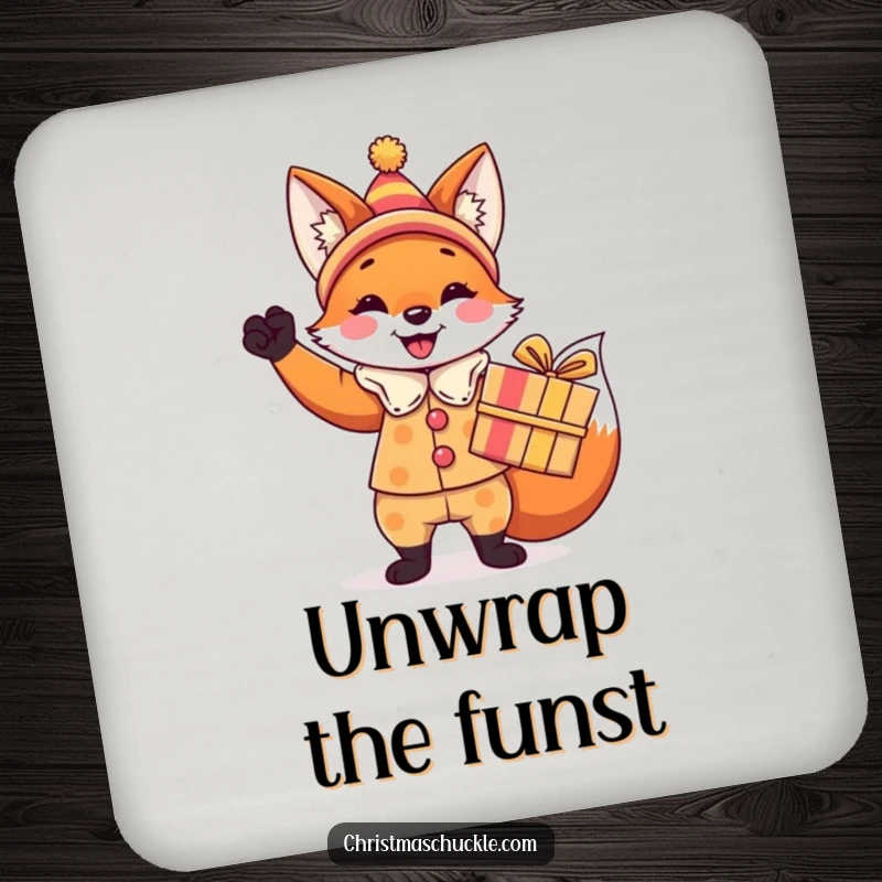 Funny fox coasters, a set featuring a festive fox in a clown costume holding a brightly wrapped gift, humorous decor.