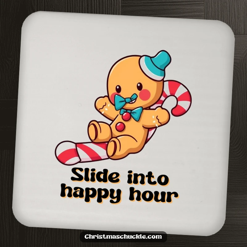 Funny Gingerbread Clown Coaster: A jolly gingerbread man slides down a candy cane, protecting surfaces with festive humor.