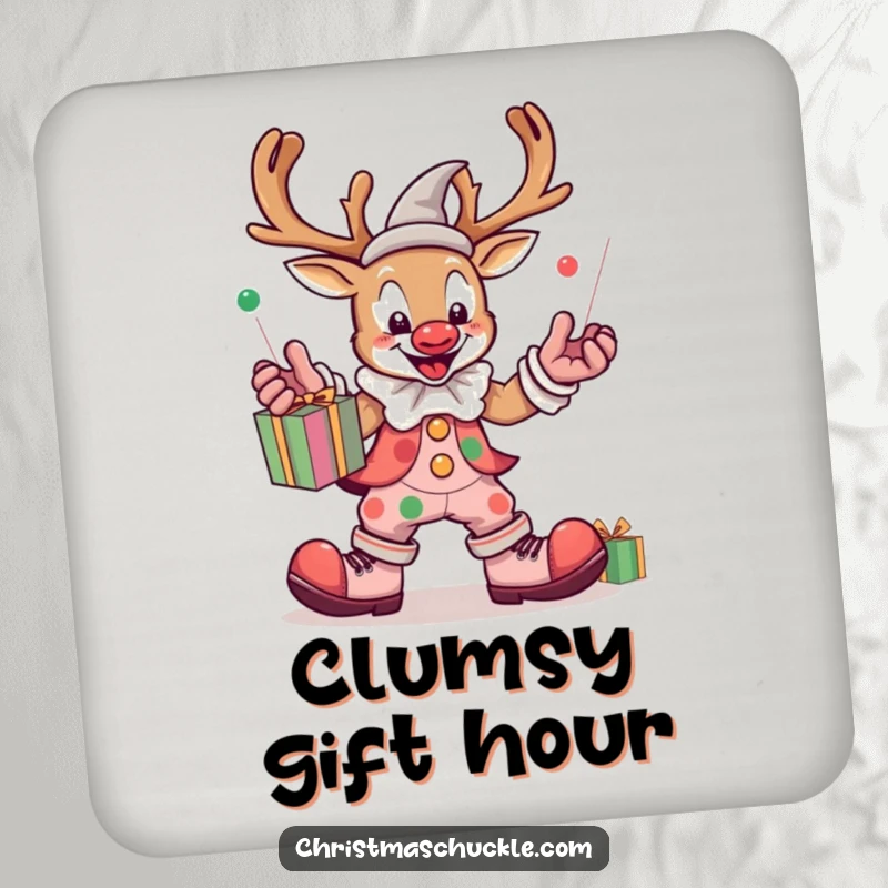 Funny kawaii reindeer clown juggling presents, set of coasters, protect furniture, festive and humorous drink accessory, holiday-themed decor.