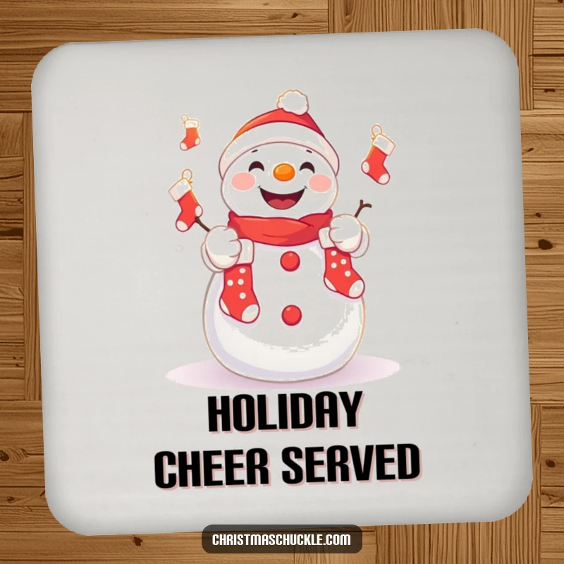 Funny coasters featuring a cute kawaii snowman juggling small Christmas stockings, protecting surfaces with holiday humor.