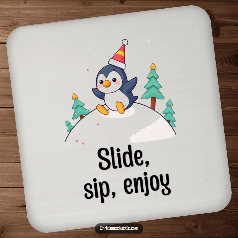 Funny drink coaster featuring a cheerful penguin with a clown nose, joyfully sliding down a festive hill, a fun way to protect tables.