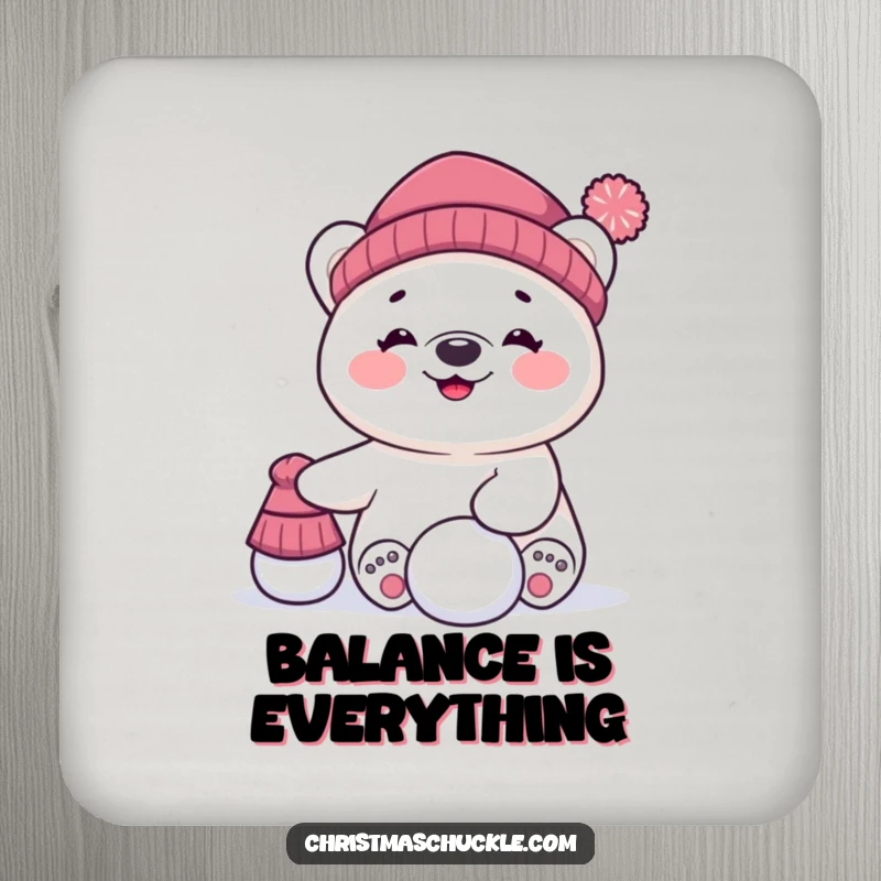 Funny drink coaster featuring a giggling polar bear character hilariously balancing a hat and a snowball, a tiny dose of arctic humor.