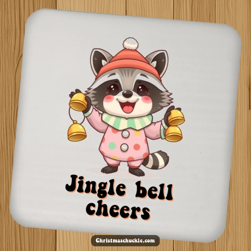 Funny coasters depicting a happy raccoon clown juggling three sparkling jingle bells, perfect for holiday parties.