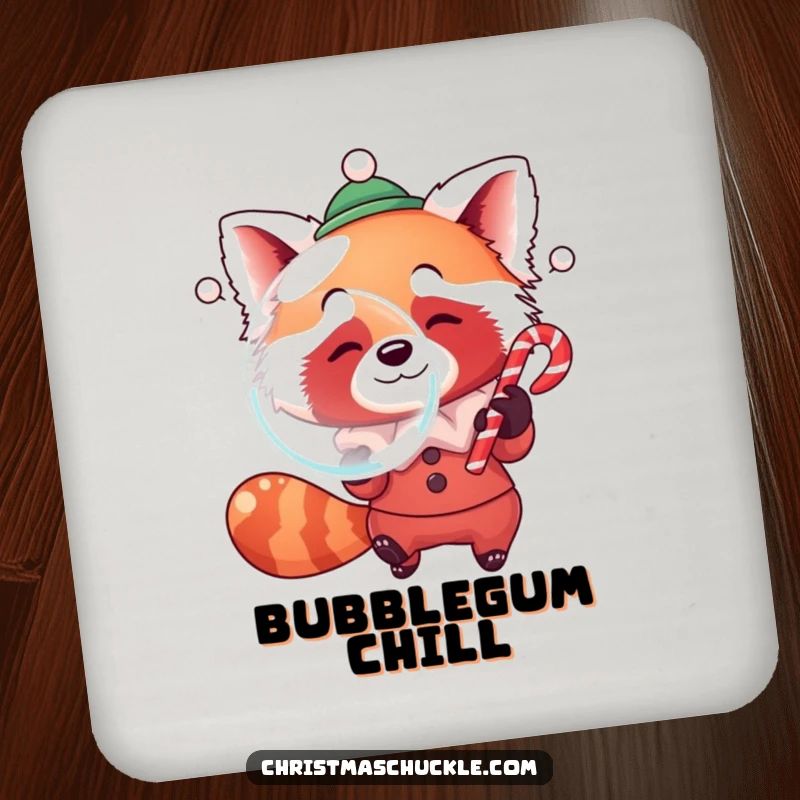 Funny drink coaster featuring a red panda dressed as a clown, blowing a bubble with a candy cane, offering sweet protection.