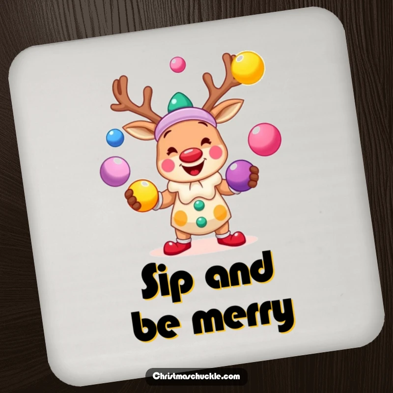 Funny drink coaster featuring a smiling reindeer clown juggling brightly colored balls, adding festive circus charm.