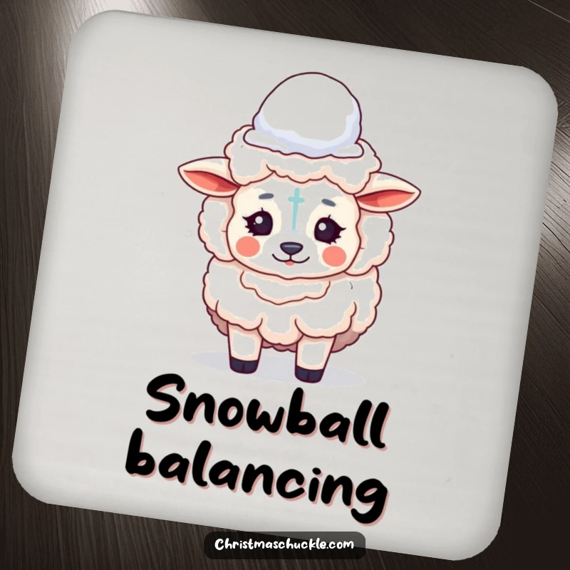 Funny drink coaster featuring a fluffy sheep with clown makeup, balancing a snowball on its head, offering charming protection.