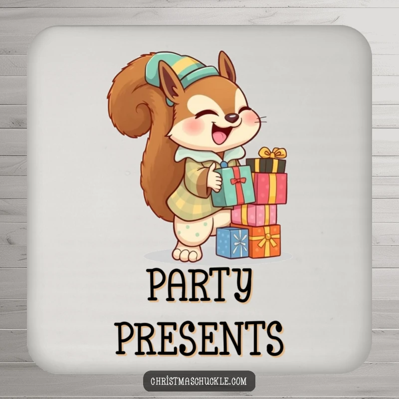 Funny squirrel clown coasters featuring a giggling squirrel in a clown suit, balancing presents, perfect for any table.
