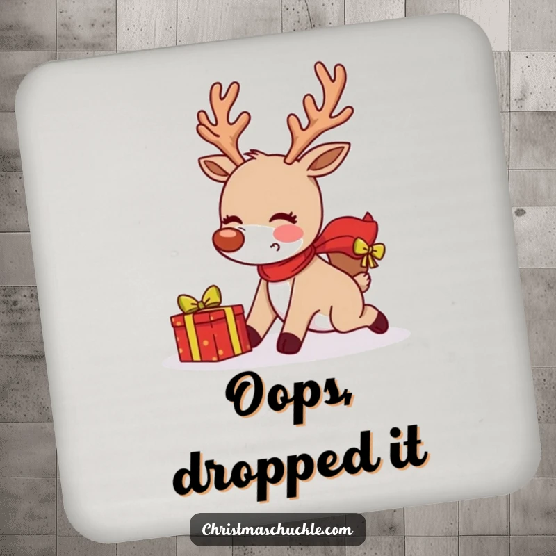 Funny blushing reindeer tripping with a present on a drink coaster, protecting surfaces with festive holiday humor.
