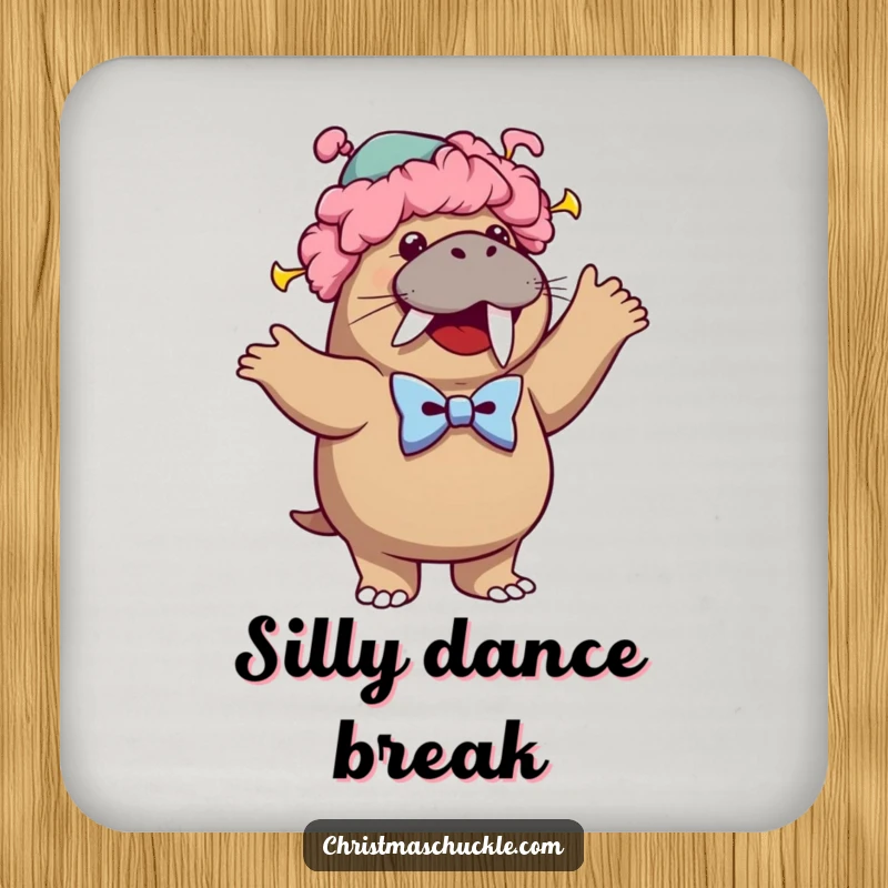 Funny drink coaster featuring a cheerful walrus dressed as a clown, dancing with a wig and bowtie, offering charming surface protection.