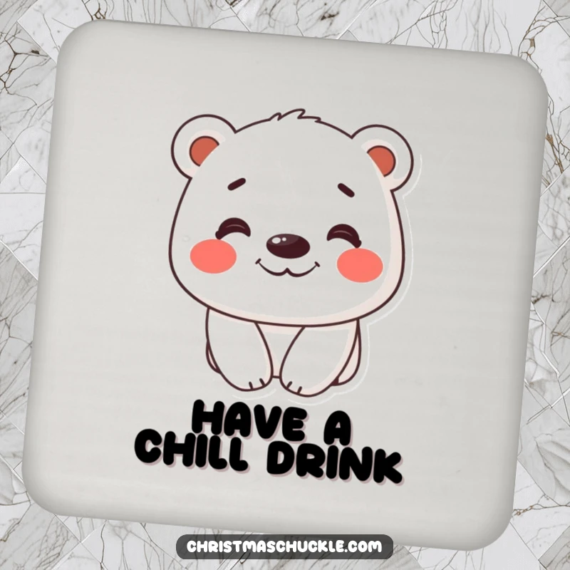 Funny coaster featuring a cheerful polar bear with red cheeks and a silly grin, perfect for drink protection.