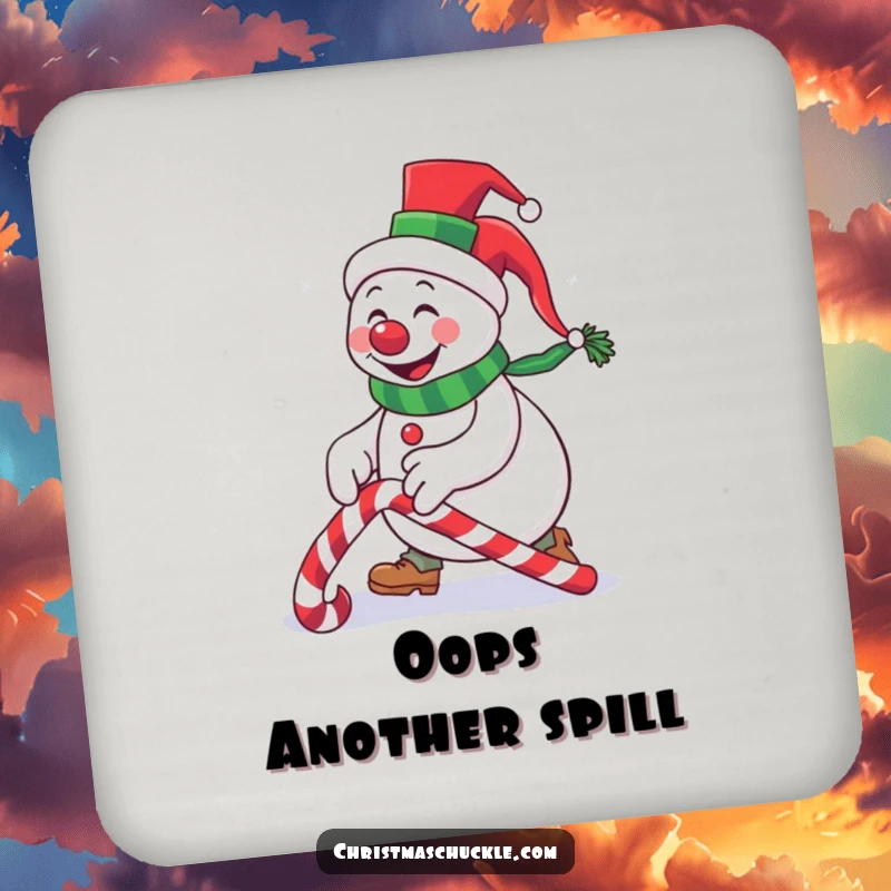 Funny snowman clown wearing a tiny top hat, tripping over a candy cane, a humorous drink coaster for protecting furniture.