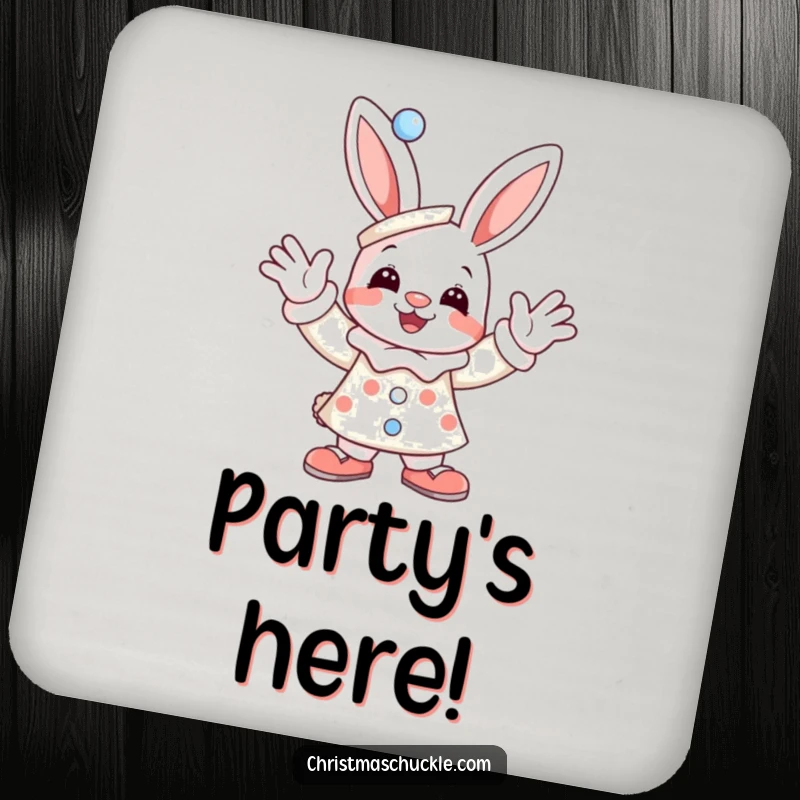 Funny drink coaster featuring a joyful bunny dressed as a clown, enthusiastically waving, adding a humorous and protective touch to any surface.