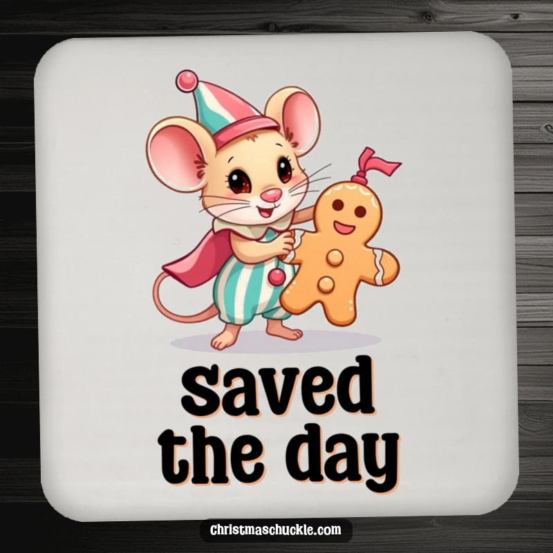 Funny coaster featuring a tiny mouse clown heroically saving a gingerbread man, protecting surfaces humorously.