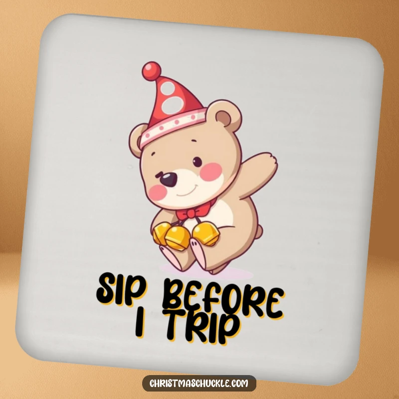 Funny drink coaster featuring a bear in a clown hat and jingle bells tripping, a humorous way to protect surfaces.