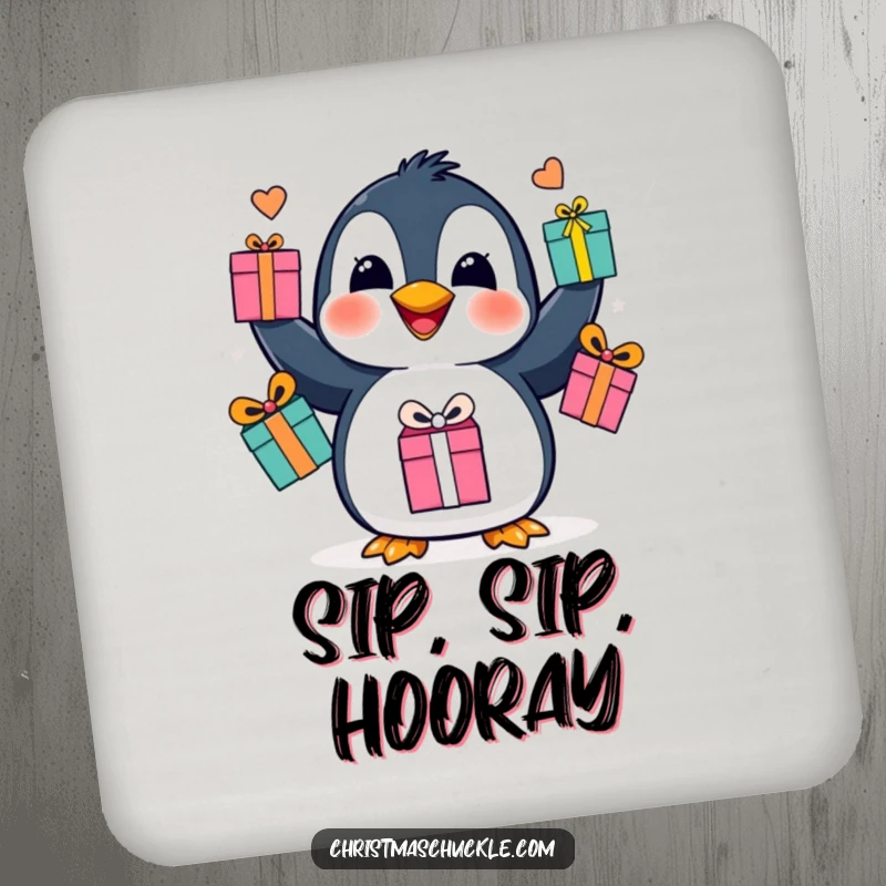 Funny penguin juggling drink coaster, a happy character balancing gift boxes, adding playful flair and surface protection.