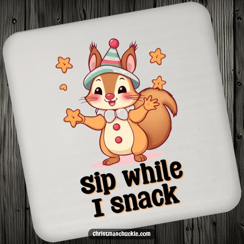 Funny squirrel in clown costume juggling gingerbread cookies, printed on a protective and funny drink coaster.