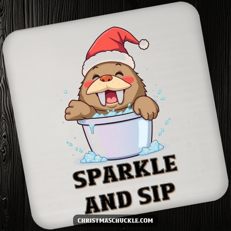 Funny walrus clown coaster, wearing a Santa hat, playfully splashing in a bucket of glitter, a whimsical and protective surface saver.