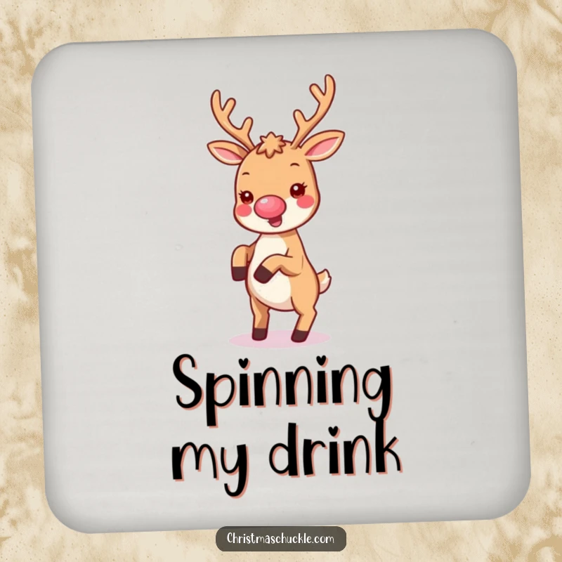 Funny drink coaster featuring a kawaii reindeer with a tiny clown nose, joyfully doing a cartwheel, adding festive charm.