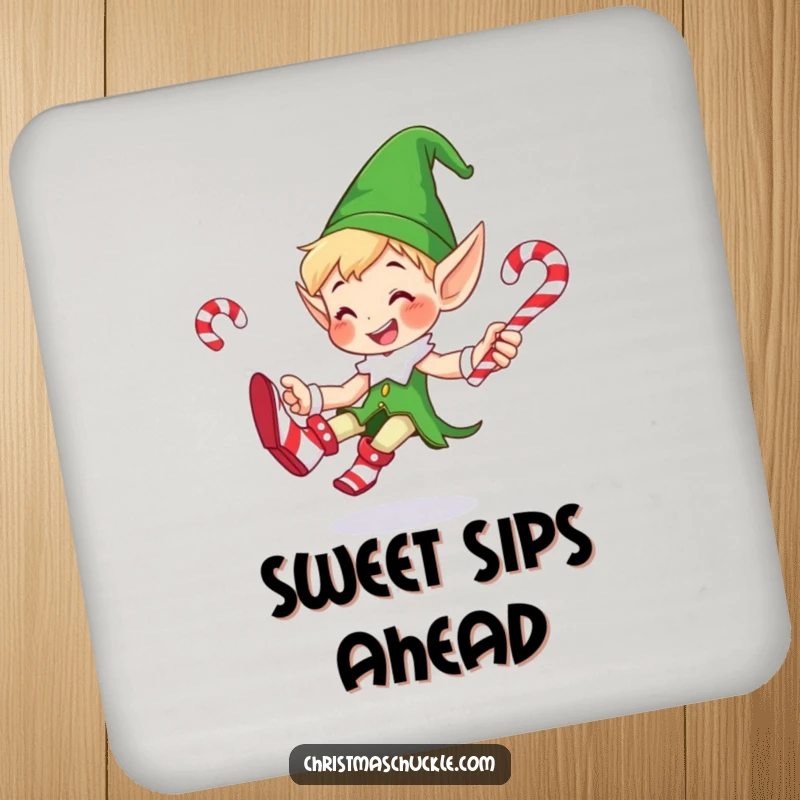 Funny drink coaster featuring a smiling elf in oversized clown shoes, juggling candy canes, protecting surfaces with holiday spirit.