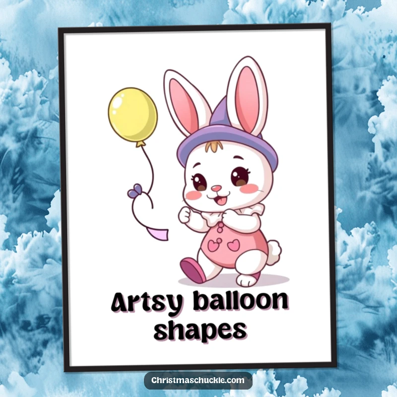 Funny poster capturing a playful bunny clown in the act of making a fun balloon animal sculpture.