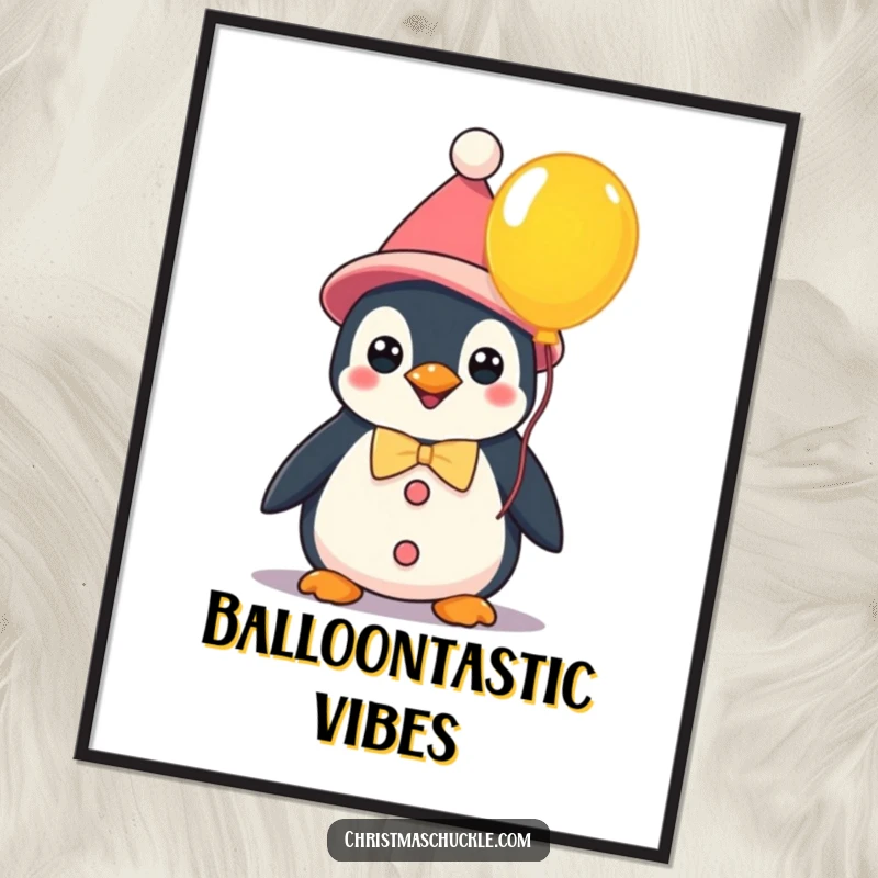 Funny kawaii penguin dressed as a clown holding a bright balloon, a whimsical poster adding cheerful humor to decor.