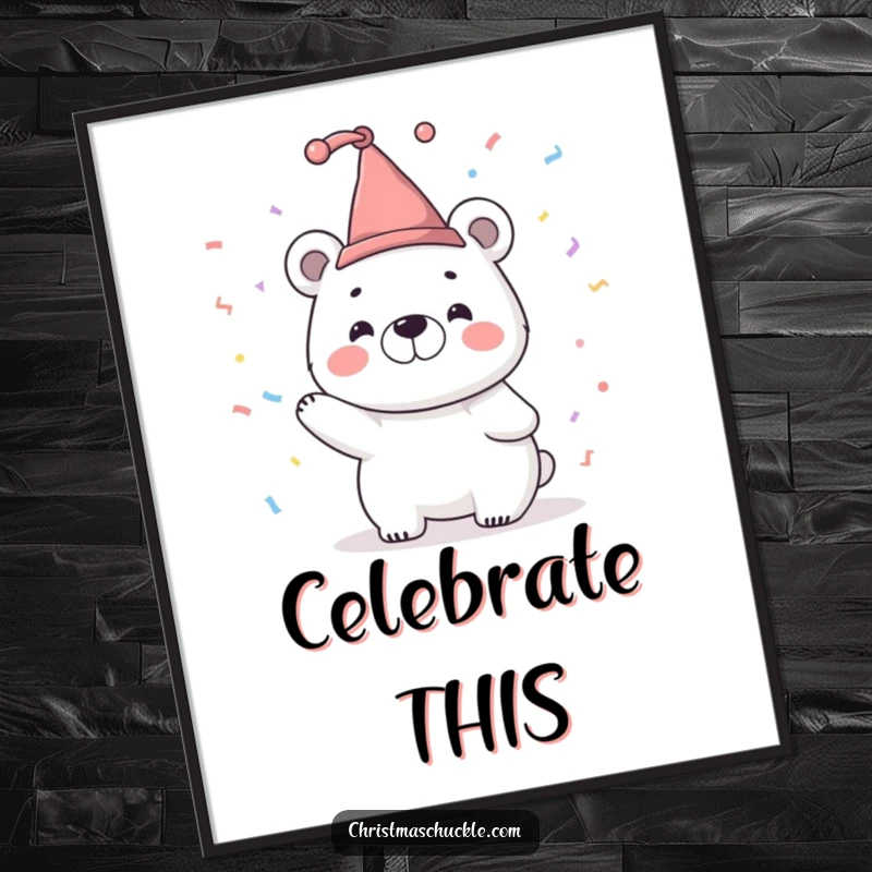 Funny poster print of a smiling polar bear character in a tiny jester hat, joyfully tossing confetti, embodying festive celebration.