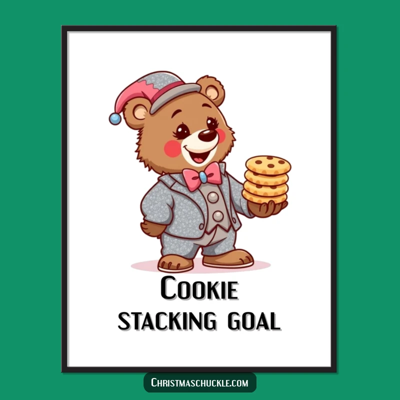 Funny Bear Clown Poster: Determined Cookie Balancer Wall Art Gift!