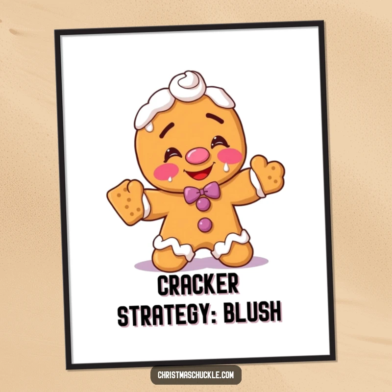 Funny gingerbread man clown poster, blushing with frosting on face, hilariously balancing crackers, a whimsical and comical art piece.