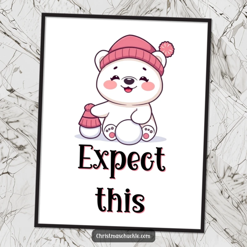 Funny poster print of a giggling polar bear character comically balancing a hat and a snowball, evoking winter silliness and lighthearted fun.