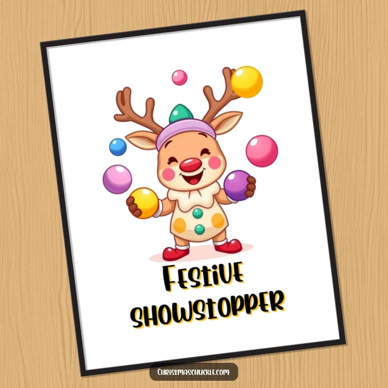 Funny poster art of a smiling reindeer clown juggling brightly colored balls, adding festive and playful circus vibes.