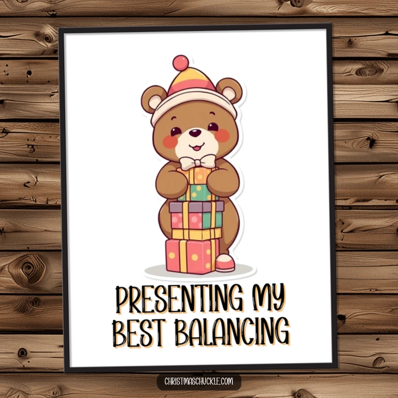 Funny poster art of a bear clown balancing presents, ideal for wall decor, conveying festive chaos and adding humorous charm.