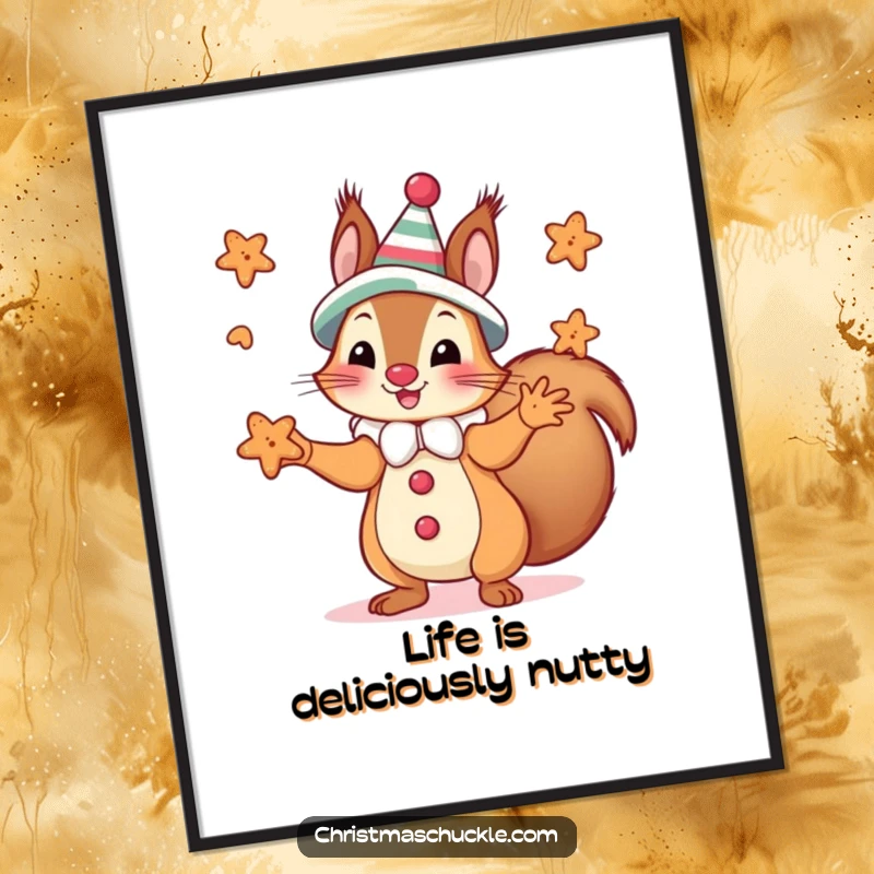 Funny squirrel dressed as a clown juggling small gingerbread cookies, displayed as a cheerful and funny poster.