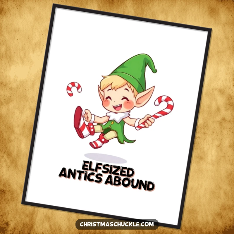 Funny poster of a smiling elf in oversized clown shoes, juggling a stack of candy canes with a comical expression, perfect for holiday decor.