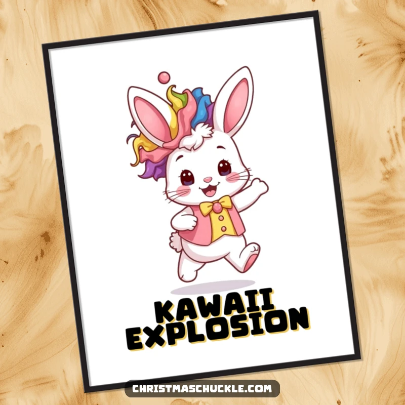 Funny kawaii bunny in a rainbow clown wig and waistcoat hops excitedly, whimsical and humorous wall art.