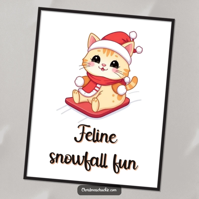 Funny Kawaii Santa Cat Poster: A cute cat wearing a Santa outfit, happily sliding down a snowy hill, perfect wall art.