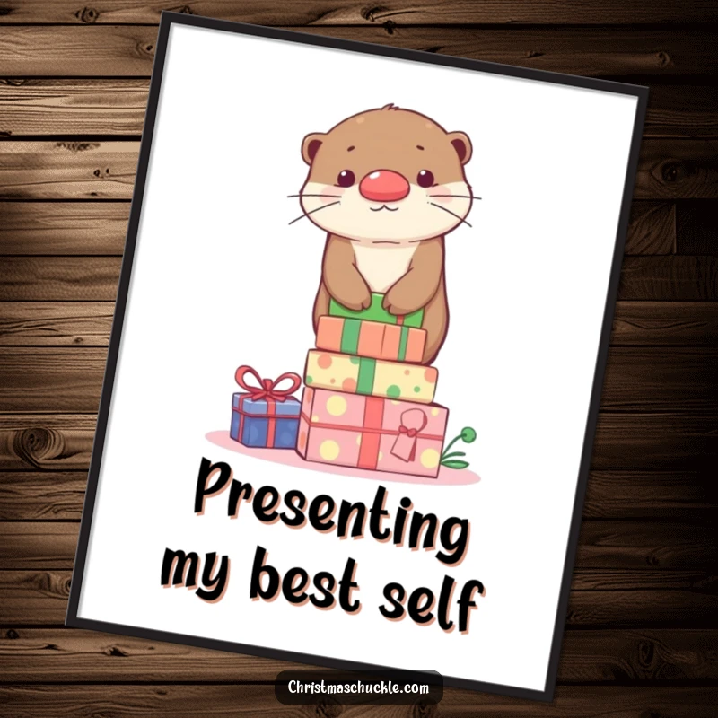 Funny cute otter with a clown nose stacking gifts, illustrated as a cheerful and funny poster.