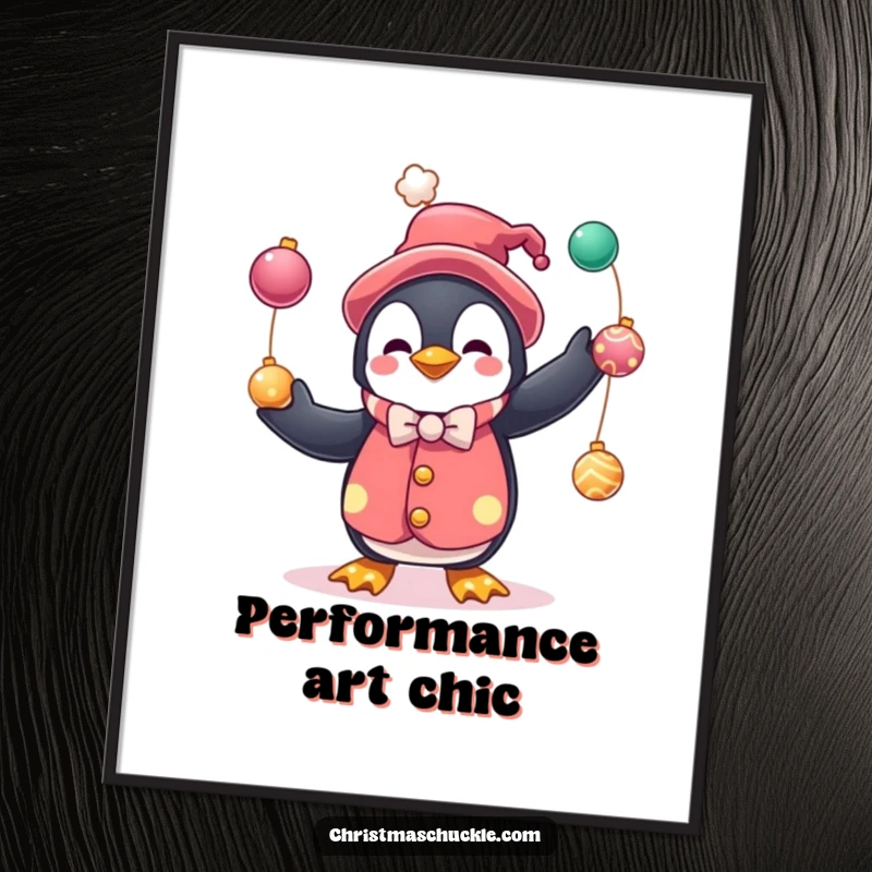 Funny poster art of a penguin dressed as a clown, juggling festive baubles, ideal for holiday decor and spreading cheerful humor.