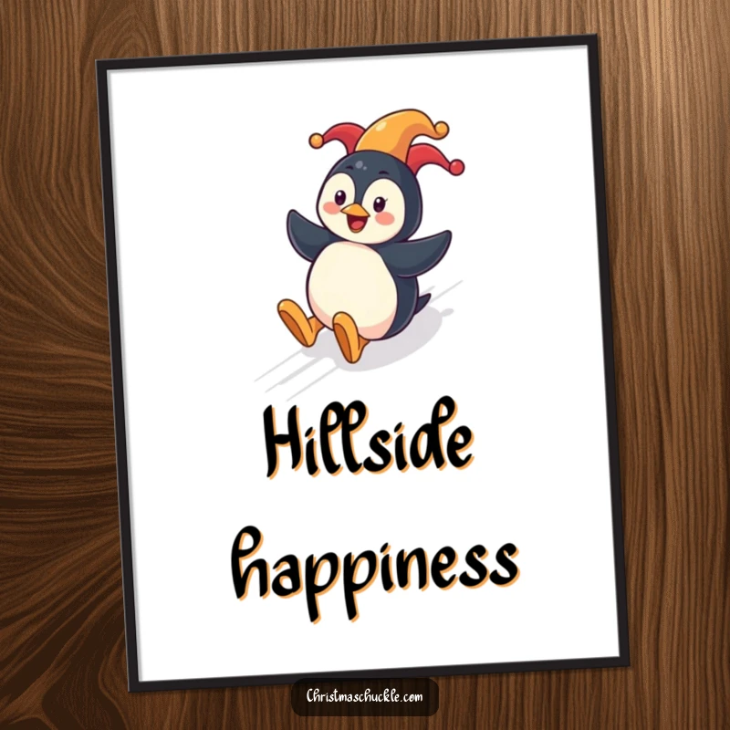 Funny penguin clown poster featuring a cheerful penguin sliding down a snowy hill, wearing a clown nose.