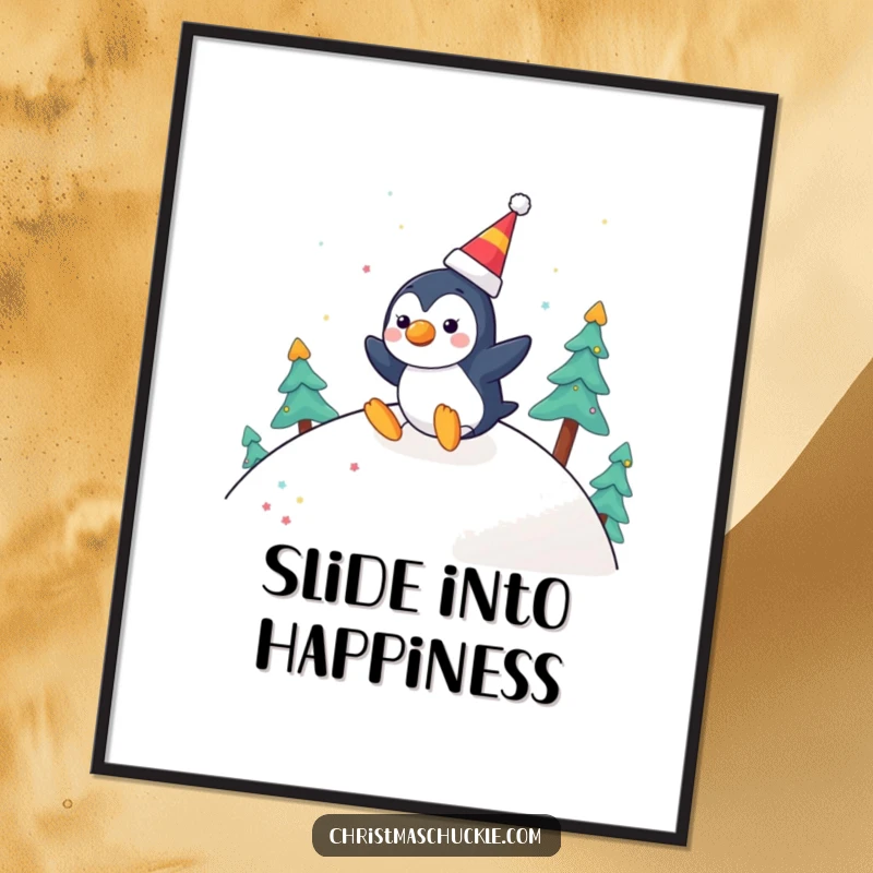 Funny poster art of a cheerful penguin character with a clown nose, joyfully sliding down a festive hill, embodying winter cheer.