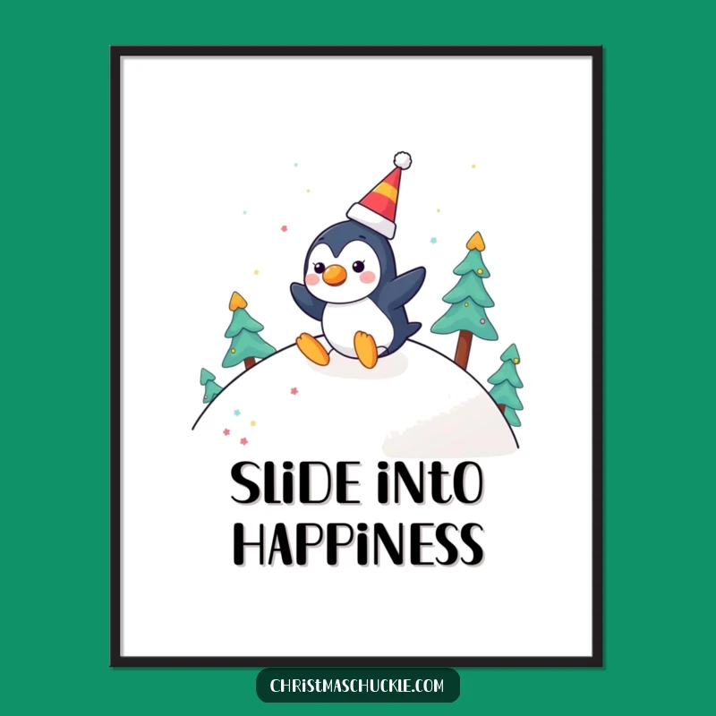 Funny Penguin Clown Poster: Festive Slide - Cheerful Winter Wall Art Gift