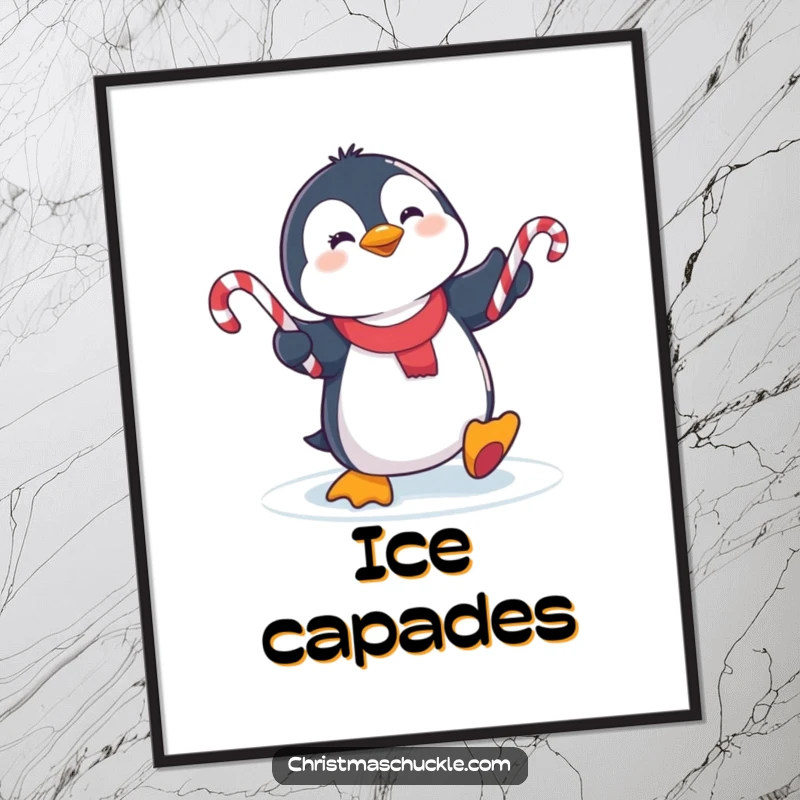 Funny cute penguin slipping on ice, juggling candy canes, captured in a comical winter poster.