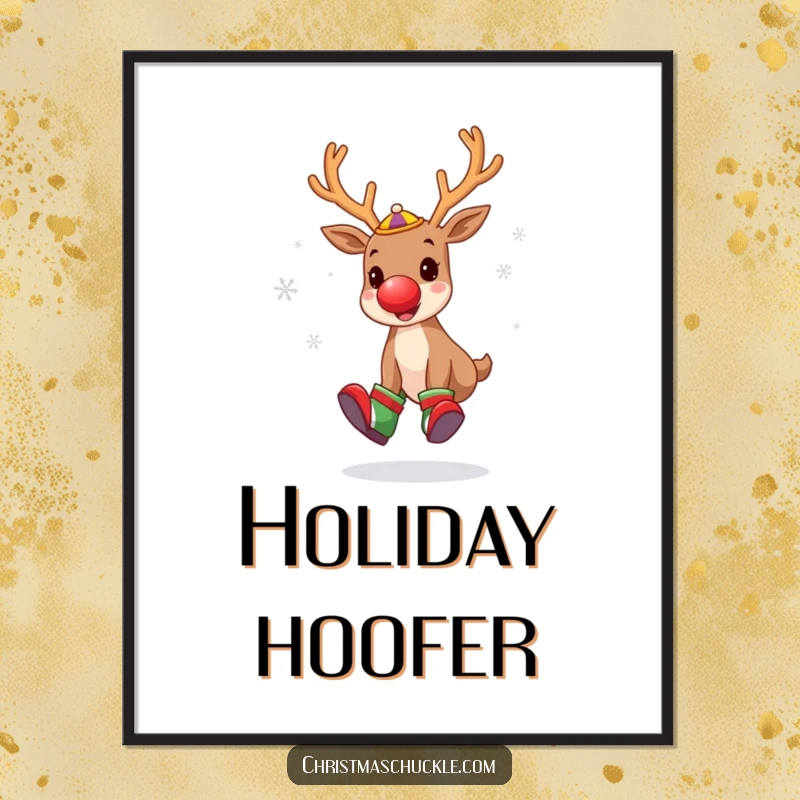 Funny poster art of a cute reindeer in clown makeup and oversized shoes, humorously juggling snowflakes, creating a festive and comical scene.