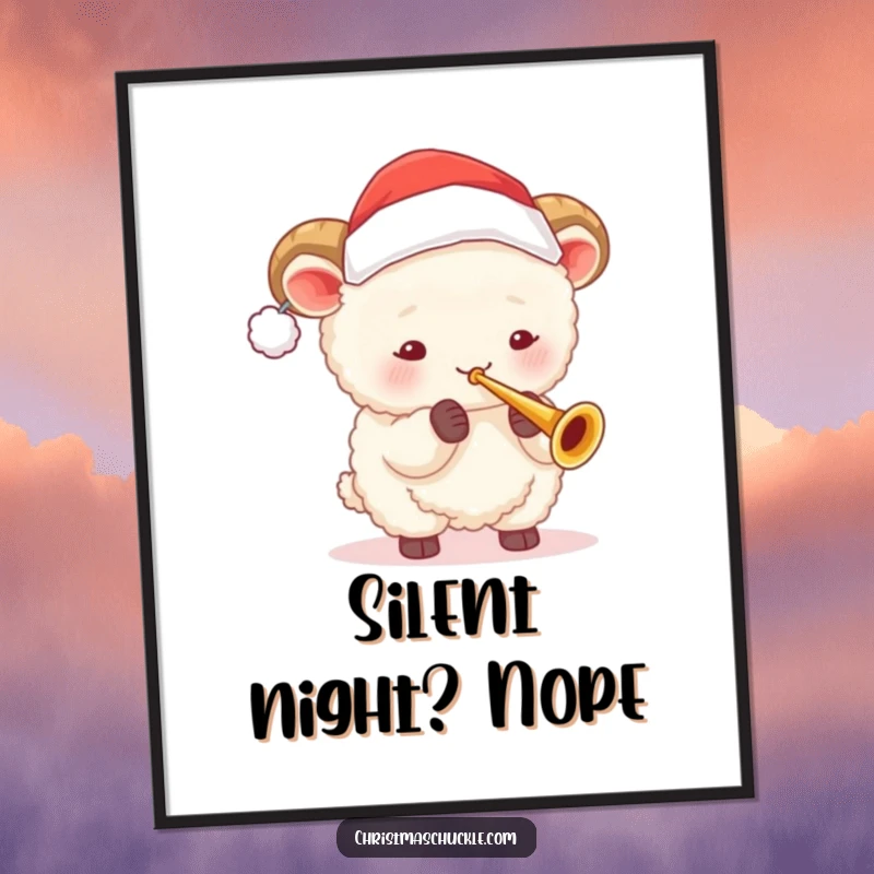 Funny sheep in Santa hat plays a tiny trumpet, bringing festive holiday cheer and humor to this vibrant poster art.