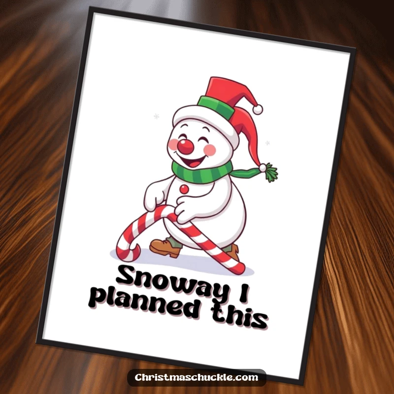 Funny snowman clown wearing a tiny top hat, hilariously tripping over a candy cane, festive holiday art print for wall decoration.